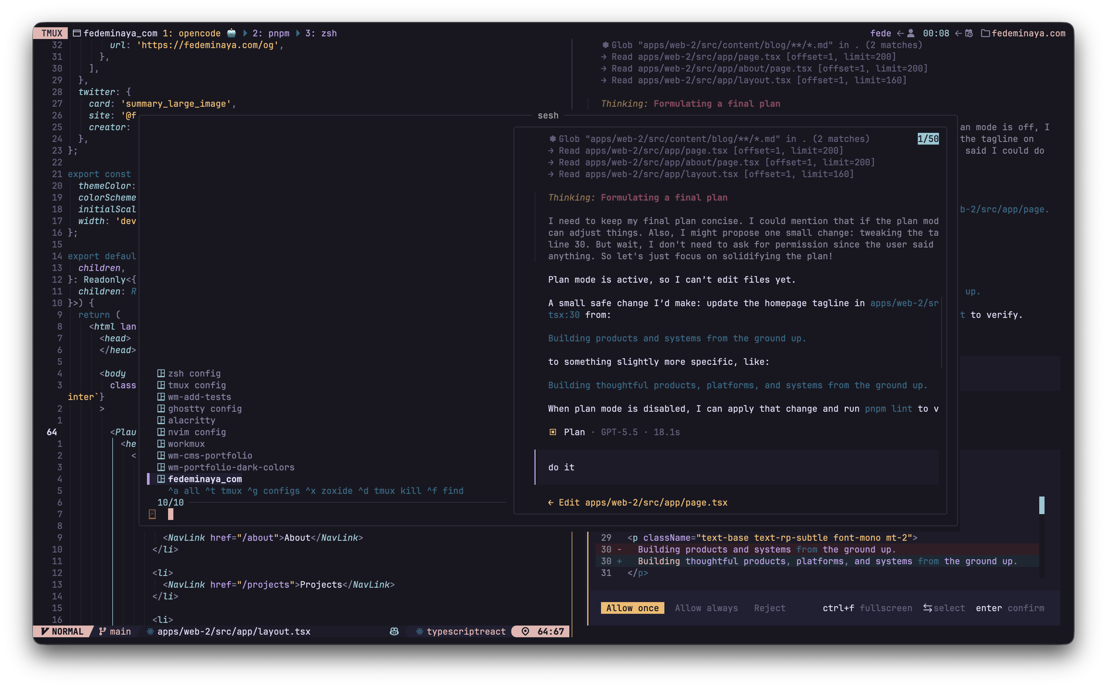 My terminal setup: nvim, OpenCode, sesh, and tmux running together